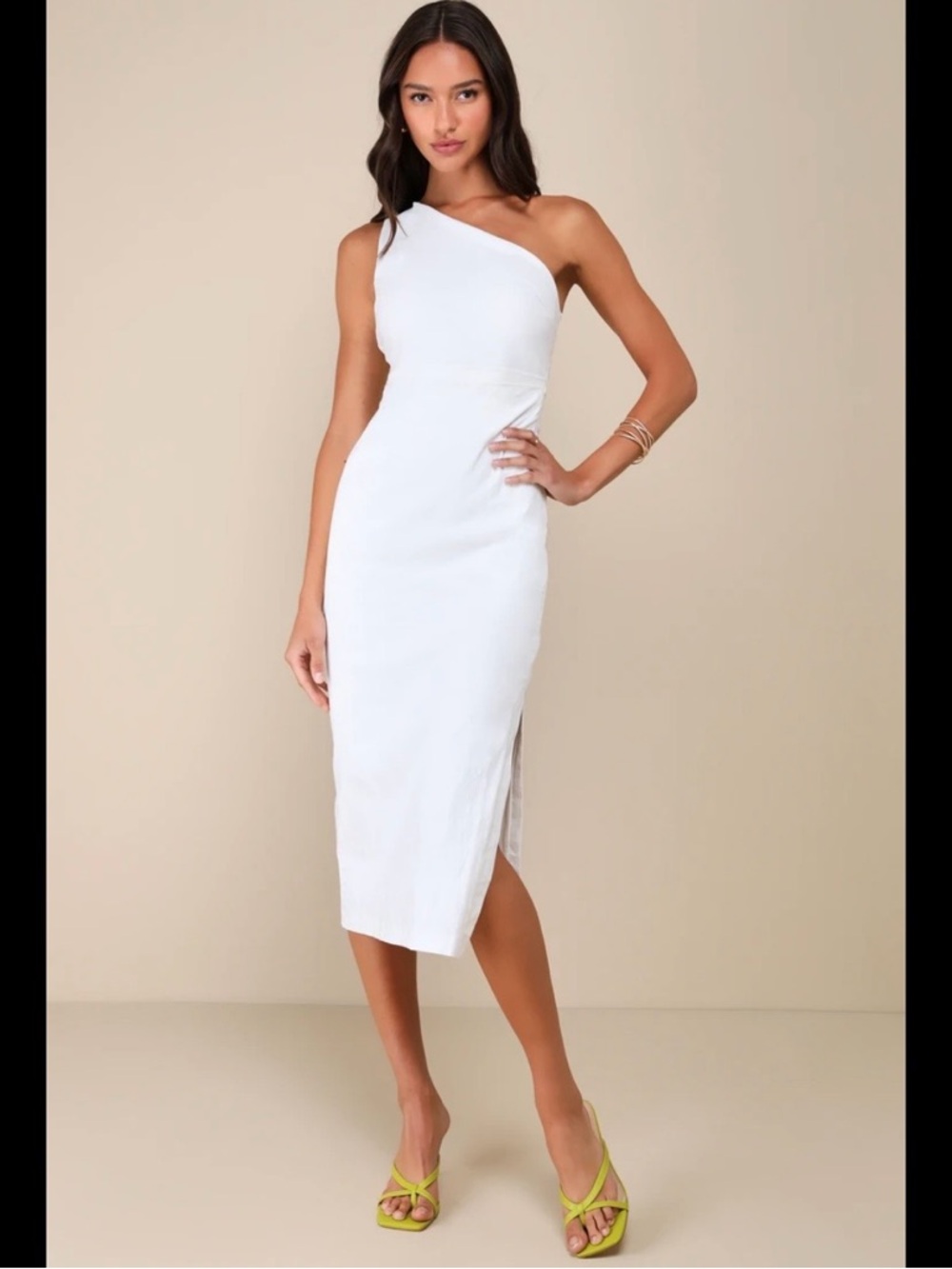 Lulus S White Dress Midi One Shoulder Pencil Sheath Long Cream White Bridal Boho